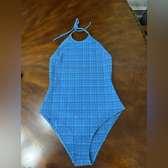 Lisa Marie Fernandez Blue Striped Seersucker Halter Maillot One Piece - Picture 2 of 2